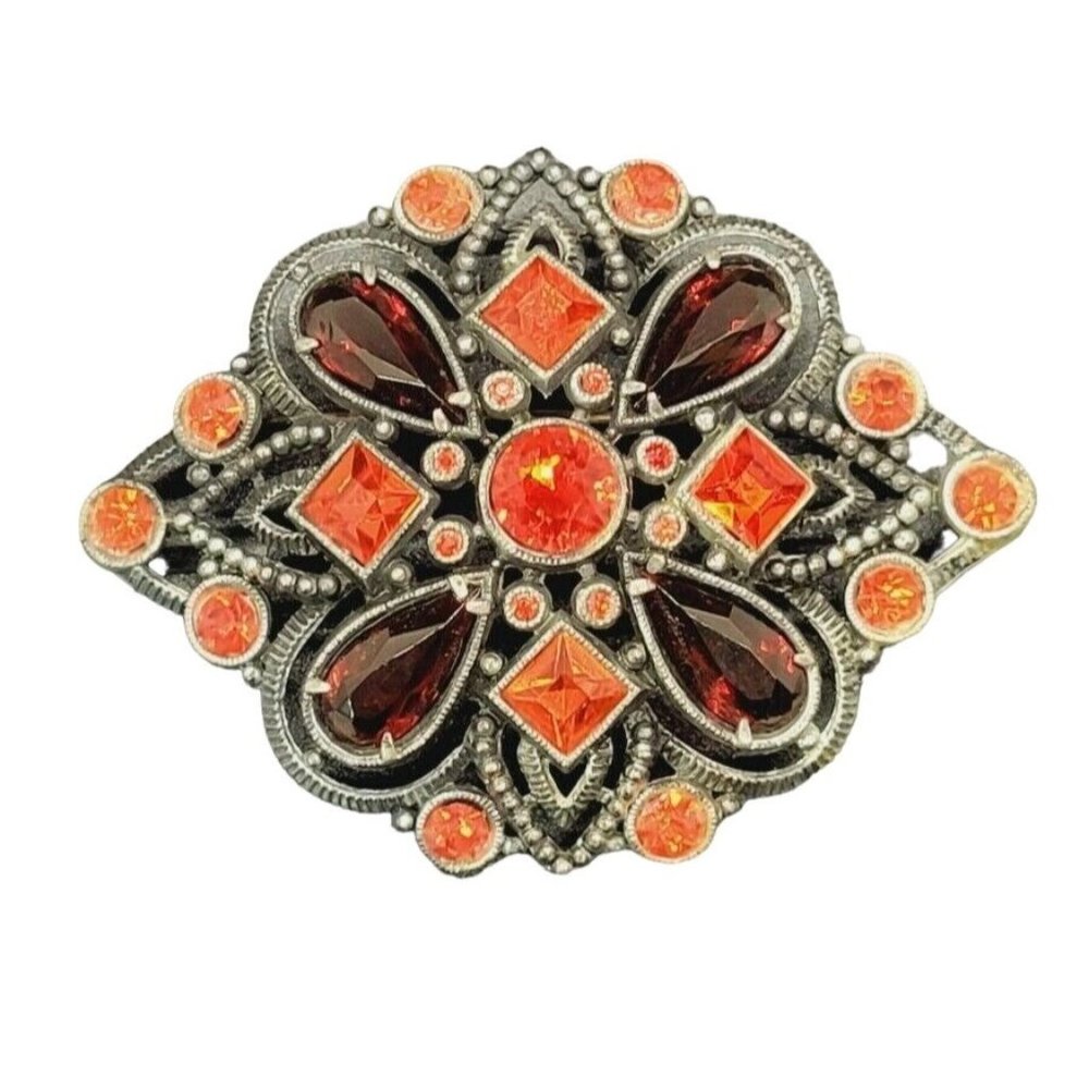 Antique  Glam Art Nouveau Ruby Red Czech Glass Filigree Brooch Pin Estate